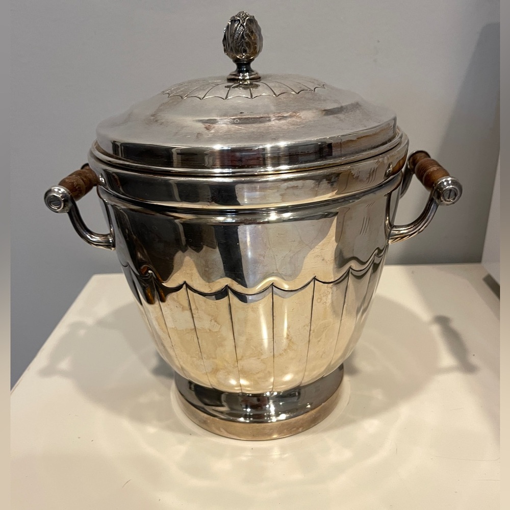 Silver Plated Champagne Cooler with Thermos Brand Glass Insert and lid.